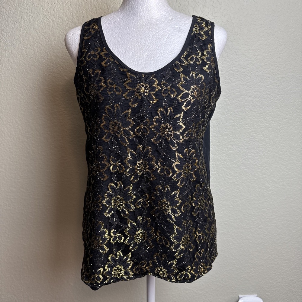 Gianna Women's Top‎ Fancy Black Gold Floral Embroidery Size M Cami Tank Blouse